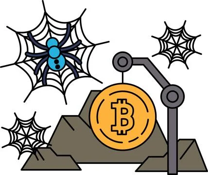 Spiders spin webs around Bitcoin symbol Stock Illustration
