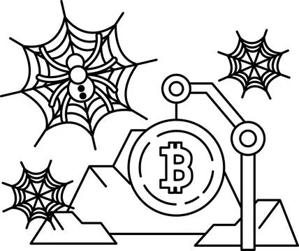 Spiders spin webs around Bitcoin symbol Stock Illustration