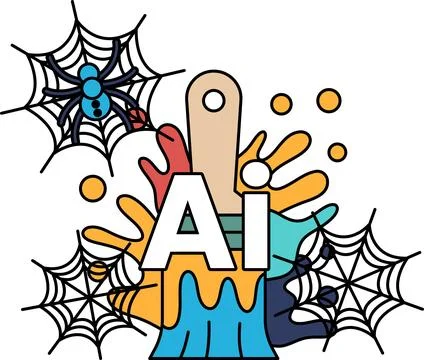 Spiders spin webs around bold "AI" letters Illustrazione stock