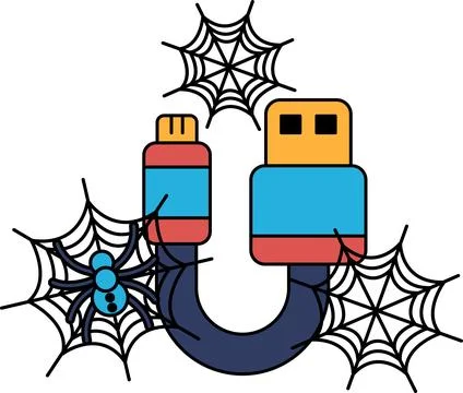 Spiders spin webs around USB cables Stock Illustration