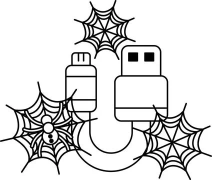 Spiders spin webs around USB cables Stock Illustration