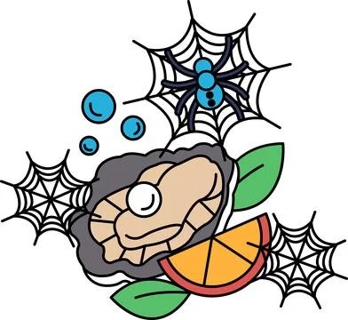 Spiders spin webs around a whimsical seashell Illustrazione stock