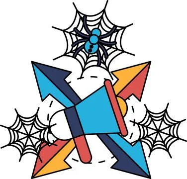 Spiders weave webs above a megaphone Stock Illustration