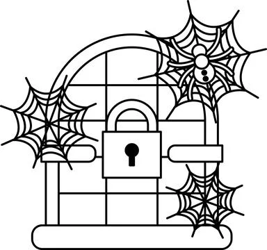 Spiders weave webs across a locked, arched door Stock Illustration
