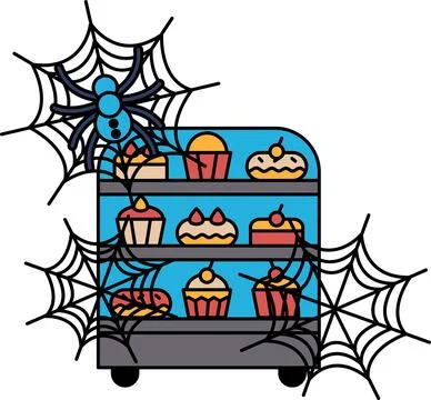 Spiders weave webs around a cupcake cart Stock Illustration