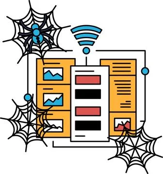 Spiders weave webs around digital screens Illustrazione stock