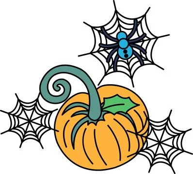 Spiders weave webs around a stylized pumpkin 스톡 일러스트