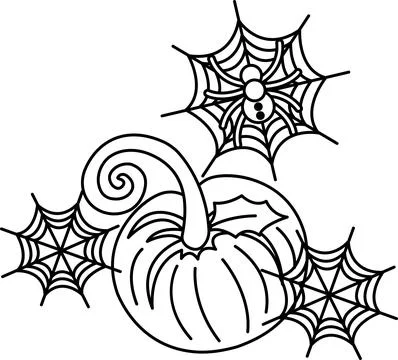 Spiders weave webs around a stylized pumpkin Stock Illustration
