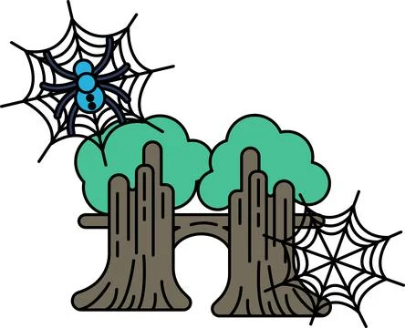 Spiders weave webs between weathered tree stumps Illustrazione stock