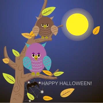 Spiders in the web tree and owl Stock Illustration