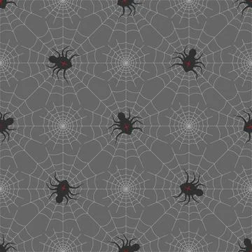 Spiders on Webs seamless pattern on gray background. halloween print Stock Illustration