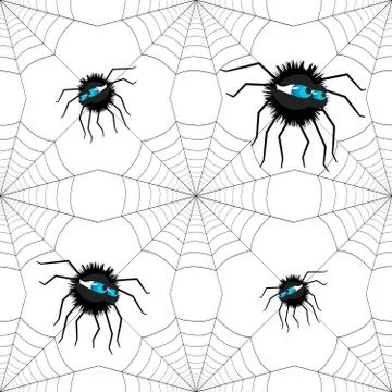 Spiders on webs seamless pattern on white background repeats seamlessly. Stock Illustration