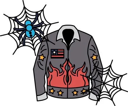 Spiderweb frames a vintage jacket with flame motifs Illustrazione stock