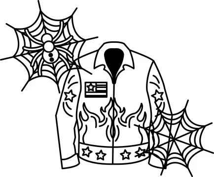 Spiderweb frames a vintage jacket with flame motifs 스톡 일러스트