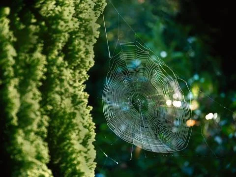 A spiderweb illuminated between the trees of the sun Stock Photos