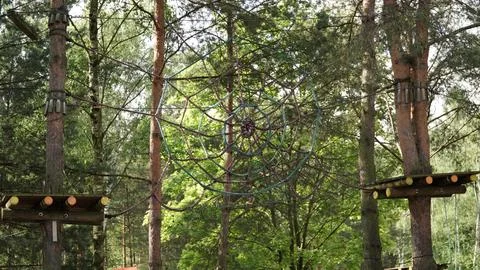 Spiderweb-Like Rope Structure Between Two Trees in Children's Adventure Park Stock Photos