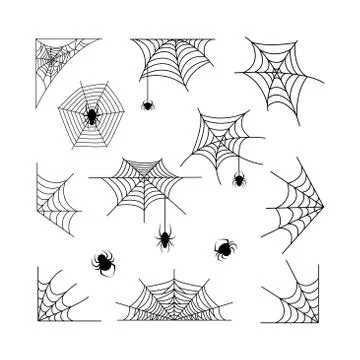 Spiderweb with spiders insect set vector illustration isolated on white Stock Illustration