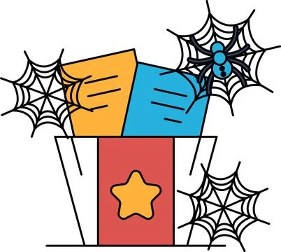 Spiderwebs cling to papers inside a star-adorned box Illustrazione stock