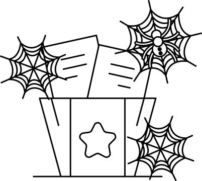 Spiderwebs cling to papers inside a star-adorned box Stock Illustration
