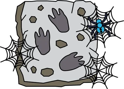 Spiderwebs cling to a rough, hand-printed stone surface Stock Illustration