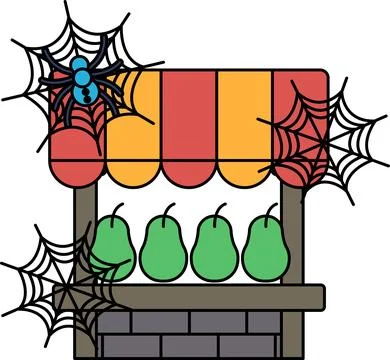 Spiderwebs dangle from a quaint fruit stand Stock Illustration