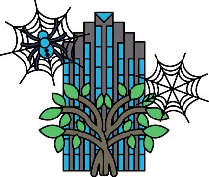 Spiderwebs drape stylized tree branches Stock Illustration