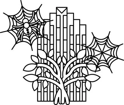 Spiderwebs drape stylized tree branches Stock Illustration