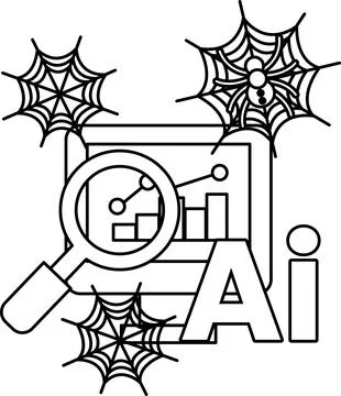 Spiderwebs encircle a screen showing AI data charts Stock Illustration