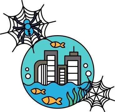 Spiderwebs float above underwater cityscape Stock Illustration