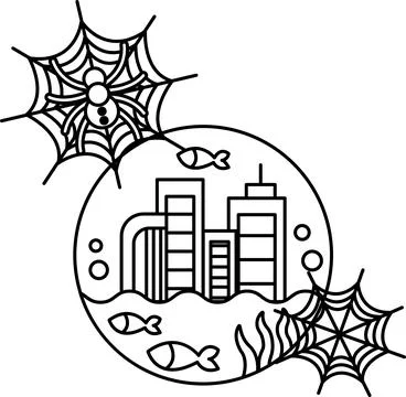 Spiderwebs float above underwater cityscape 스톡 일러스트