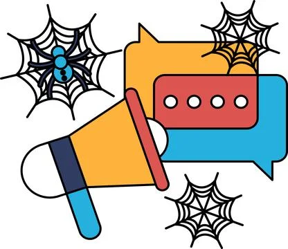 Spiderwebs float near a megaphone and speech bubble Ilustração Stock