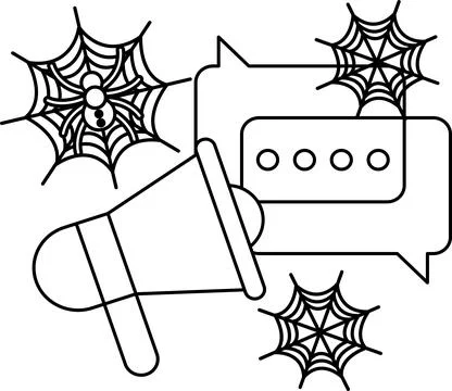 Spiderwebs float near a megaphone and speech bubble Ilustração Stock