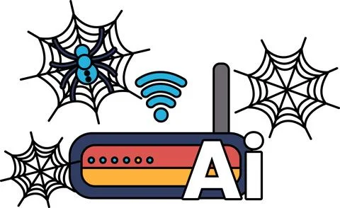 Spiderwebs frame a modem with Wi-Fi signal Stock Illustration