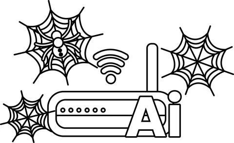 Spiderwebs frame a modem with Wi-Fi signal Illustrazione stock