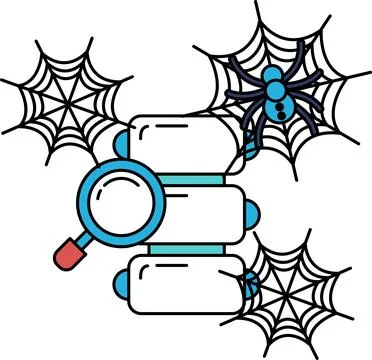 Spiderwebs frame three stacked boxes and a magnifying glass Stock Illustration