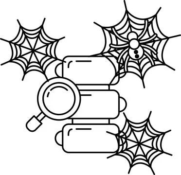 Spiderwebs frame three stacked boxes and a magnifying glass 스톡 일러스트