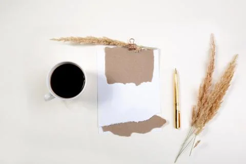 Spikelets and mockup of a white notepad with a cup of coffee on a light table Stock Photos