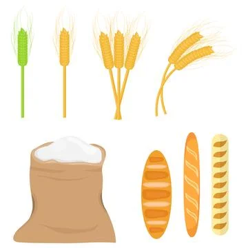 Spikes of wheat, bag of flour. A set of wheat ears. Bakery products. Stock Illustration