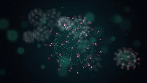 Spiky virus particles drift through dark teal space, with pink tipped spike Stock Footage 347602174