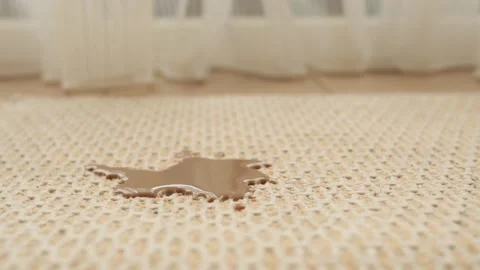 Spilled coffee puddle soaking into light colored jute carpet in living room.. Stockbeeldmateriaal 333158666
