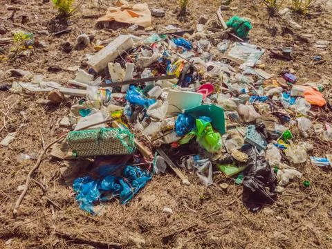 Spilled garbage on the beach. Empty used plastic, boxes and ropes. Dirty sea Foto stock