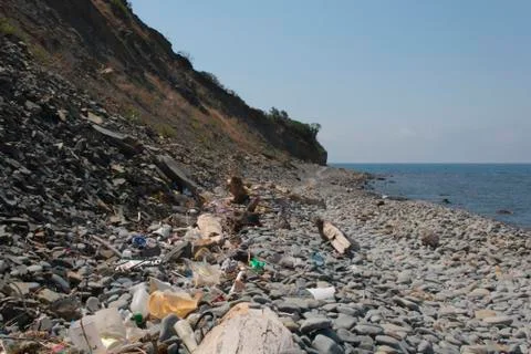 Spilled garbage on the beach. Empty used dirty plastic bottles. Dirty sea sandy Stock Photos
