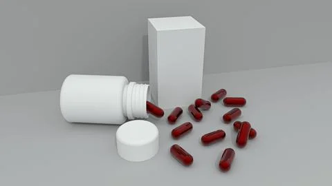 Spilled Red Capsules from a Pill Bottle Next to a Blank Medicine Box Stock Illustration