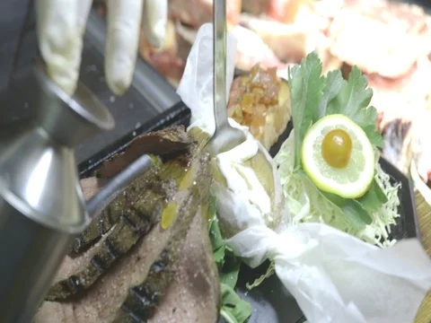 Spilling oil on beef steak Stock Footage 80673583