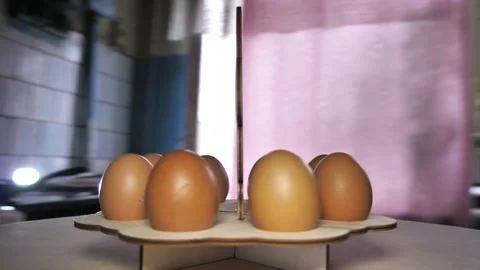Spin eggs in the Easter Bunny. wooden stand. Easter concept. The camera is Stock Footage 178480825