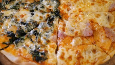 Spinach Cheese Pizza and Double Cheese Pizza Close Up Stock Footage 329347600
