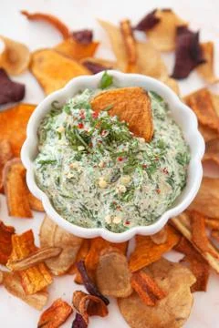 Spinach dip with chips Stock Photos