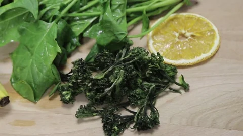 Spinach, dried broccoli, banana Stock Footage 146574155
