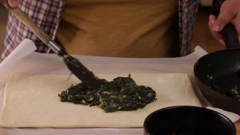 Spinach stuffing on top of the dough	 Stock Footage 289429889