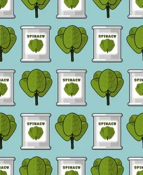 Spinach in tin seamless pattern. Useful greens ornament. Green lettuce textur Stock Illustration